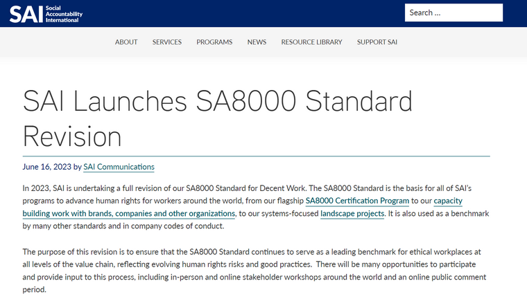 2023年SAI全面修订SA 8000社会责任标准,提升道德价值链,塑造社会责任基准 2023年SAI全面修订SA 8000社会责任标准,提升道德价值链,塑造社会责任基准