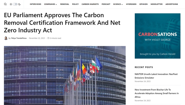 【行业资讯】欧盟议会批准通过碳去除认证框架和净零工业法案 【行业资讯】欧盟议会批准通过碳去除认证框架和净零工业法案