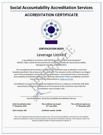 Leverage获SAAS更新版SA8000认可证书 Leverage获SAAS更新版SA8000认可证书