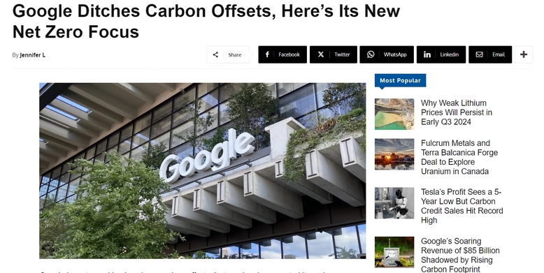 谷歌宣布停止大规模购买碳信用额