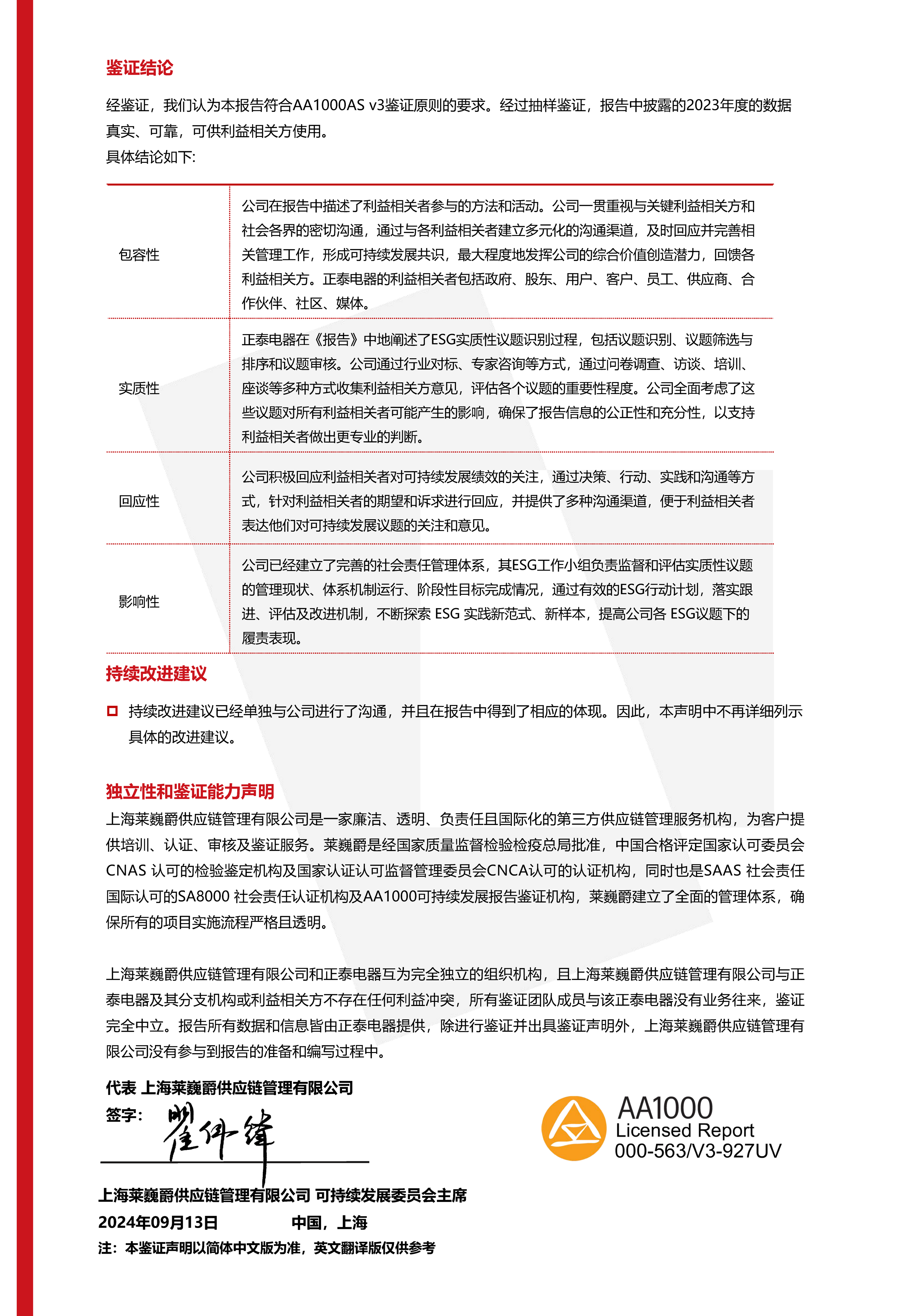 正泰电器获Leverage颁发AA1000ESG报告鉴证声明 正泰电器获Leverage颁发AA1000ESG报告鉴证声明