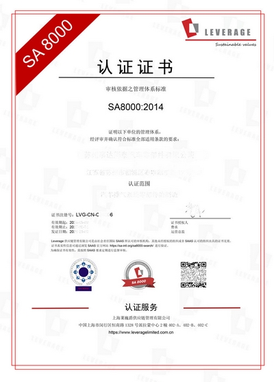 SA8000社会责任管理体系认证中文证书模版