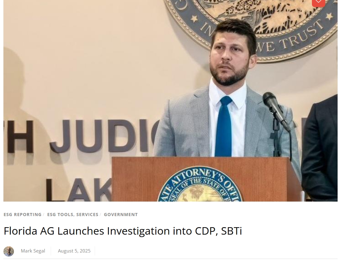 佛罗里达州总检察长对CDP和SBTi发起调查:ESG领域的“气候卡特尔”争议 佛罗里达州总检察长对CDP和SBTi发起调查:ESG领域的“气候卡特尔”争议