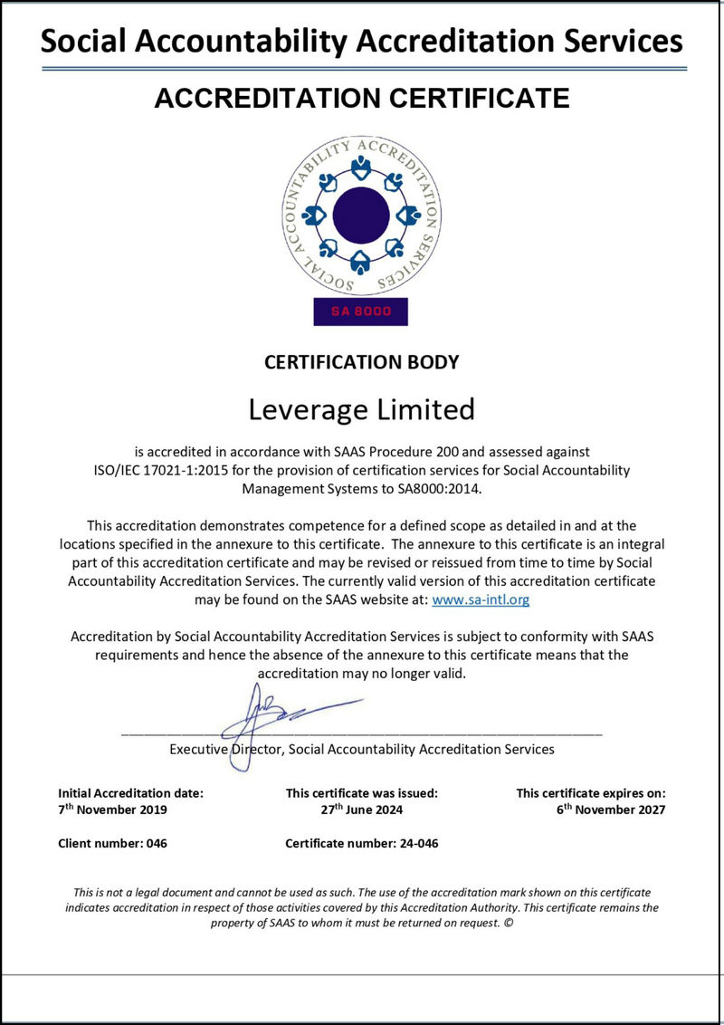 SAAS accredited SA8000 certification body