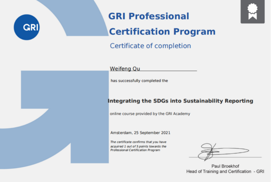 GRI Professional Certification Program – Certificate of Completion (Integrating the SDGs into Sustainability Reporting)